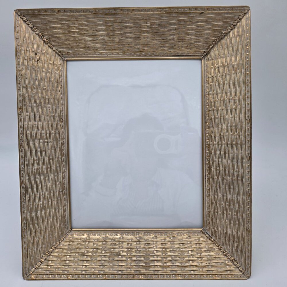 Vintage Hollywood Regency Brass Picture Frame Wicker Basket Design Large 12x14